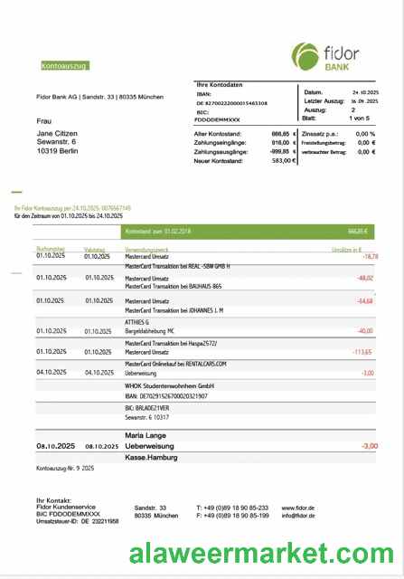 Germany Fidor Bank statement Word and PDF template
